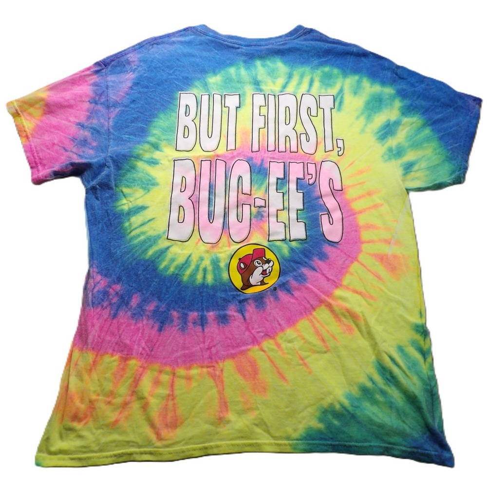 Buc-ee's Tie Dye Tee Men L But First Colortone Spiral Rainbow Graphic Tee Cotton